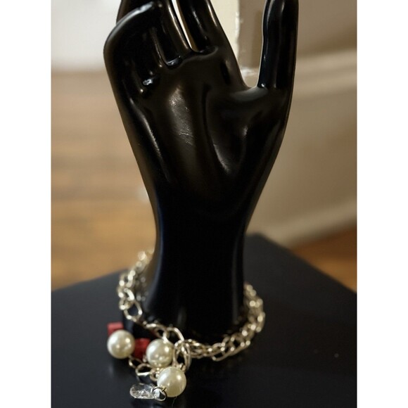 Silver 10” Bracelets With White Red Beads - Picture 3 of 4